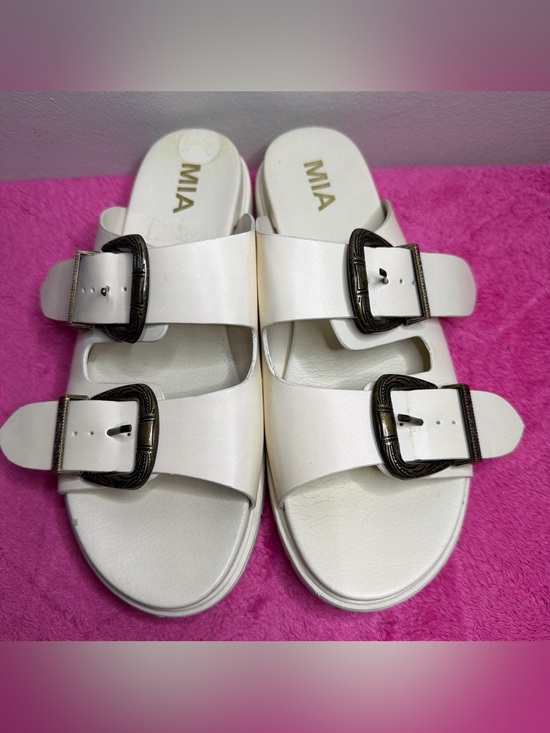 MIA Shoes - MIA White Double-Strap Slide Sandals with Antiqued Buckles